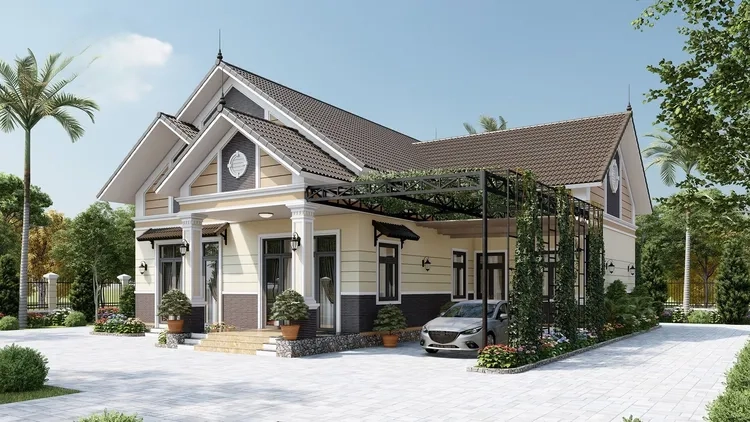 Bố trí nhà mái thái đơn giản có gác lửng tiện