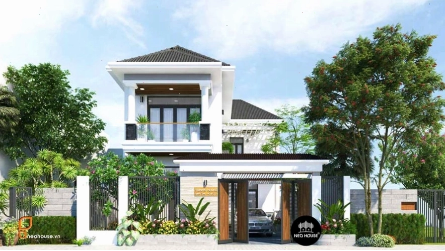 Mẫu nhà ống 2 tầng mái Thái 5x20m chữ L với kiến trúc độc đáo
