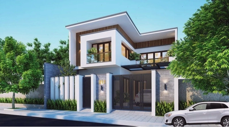 Mẫu nhà vuông 2 tầng mái bằng chữ L, tối ưu diện tích và tạo không gian sân vườn thoáng đãng